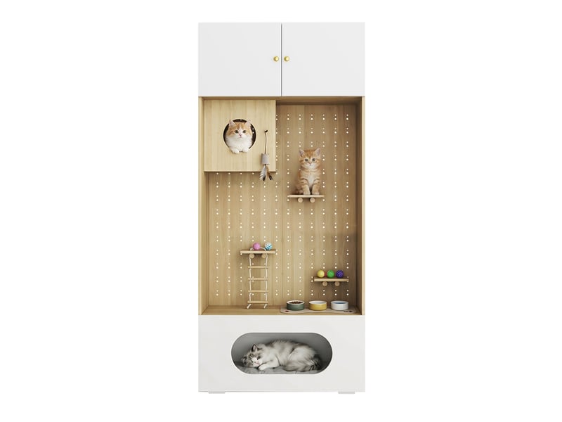 Meuble vertical multifonction avec niche, plateformes et rangement, 90 x 50 x 200 cm, blanc effet bois - Conforama A