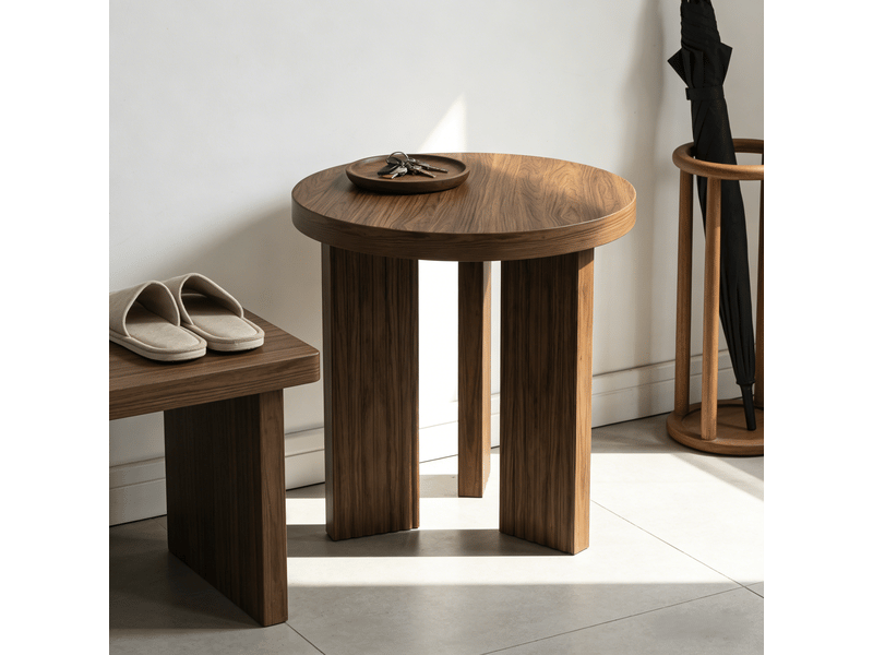 Table basse fixe ronde à trois pieds en mdf pour salon et chambre, finition noyer brun compacte  - Conforama C