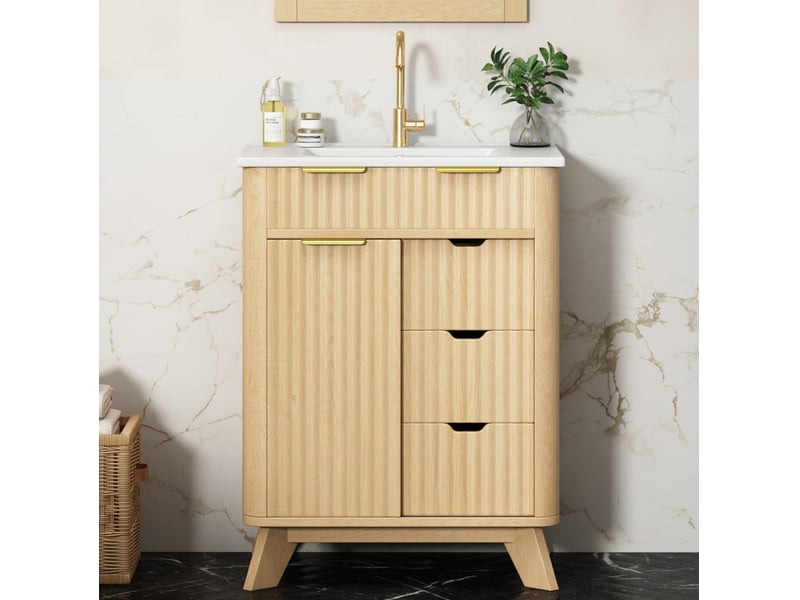 Meuble sous vasque 61x47x90 cm avec lavabo en céramique, 3 tiroirs et porte coulissante - Conforama D