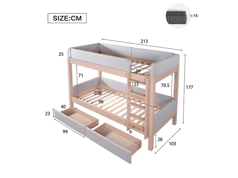  Lit superposé enfant 90×200 cm, 2 tiroirs et escalier  - sans matelas, bois gris et naturel  - Conforama D