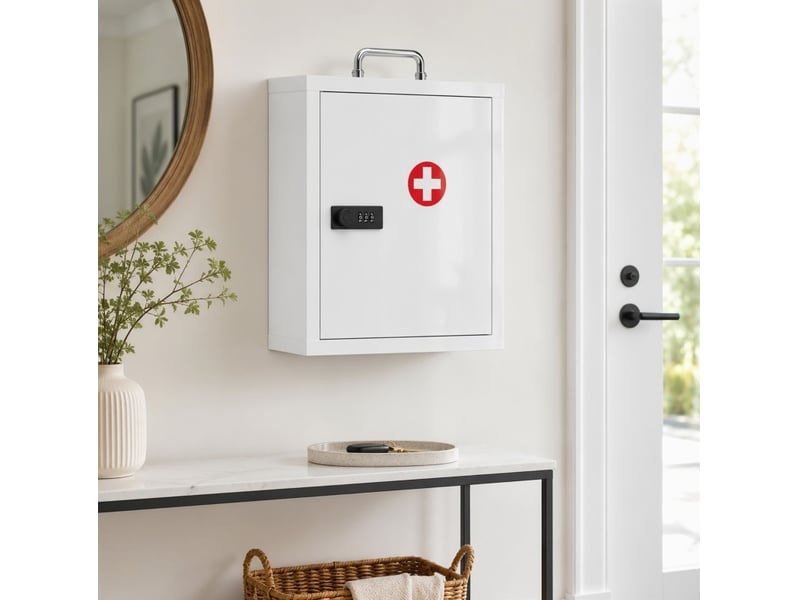 Armoire à pharmacie murale 32 x 14 x 38 cm blanche en acier, serrure à code, rangement à 3 niveaux - Conforama D