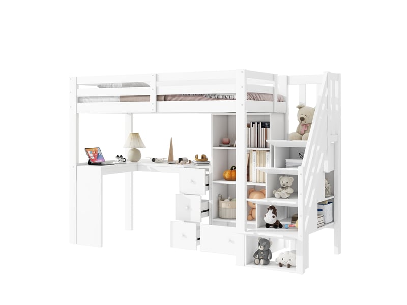  Lit mezzanine enfant 90x200 cm avec bureau, rangements et escalier, blanc  - Conforama A