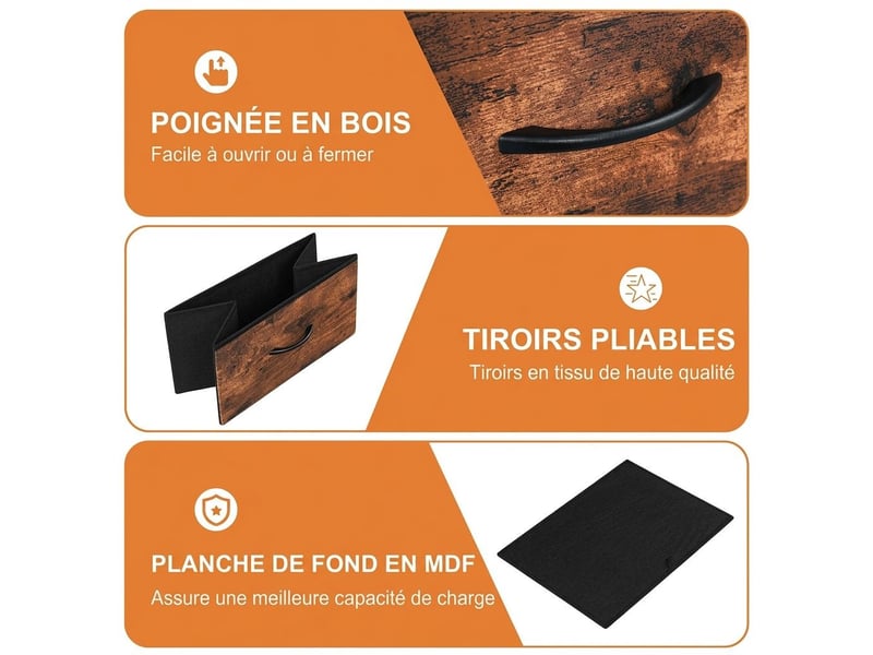  Chiffonnier meuble 45x30x91 cm quatre tiroirs tissu marron rustique et metal noir chambre  - Conforama C