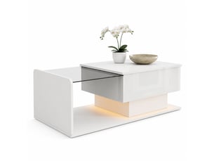 Table basse relevable avec verre trempé, rangement ouvert et fermé, éclairage led pour salon blanc, 100×50×3347,5 cm
