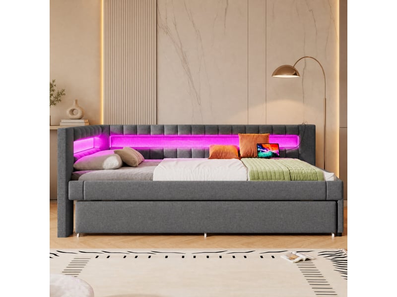 Lit banquette avec lit gigogne et éclairage réglable, prises de charge, revêtement en lin gris - Conforama B