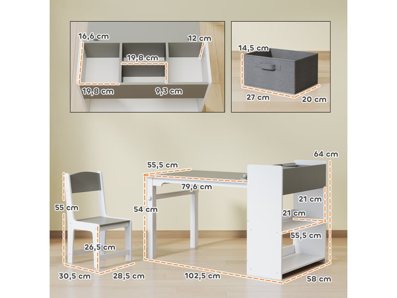  Ensemble table et 2 chaises enfant en bois avec rouleau de papier, étagères et tiroirs, gris, pour fille garçon 3-8 ans  - Conforama C