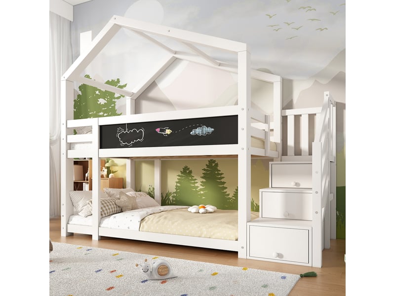  Lit superposé cabane 90 x 200 cm, structure cabane, couchages superposés, escalier, tableau intégré, bois massif et panneaux de particules, blanc ABC - Conforama D
