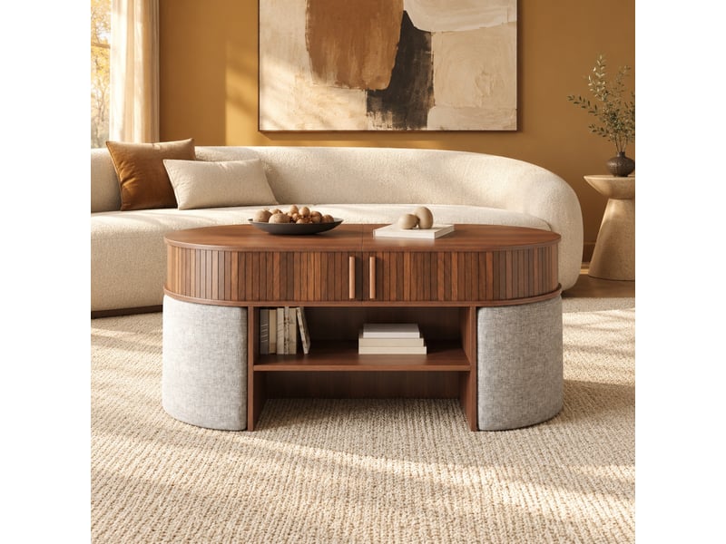  Table basse ovale avec rangement 120x60x51,5 cm, panneau de particules et en mdf, tabourets, noyer  - Conforama B