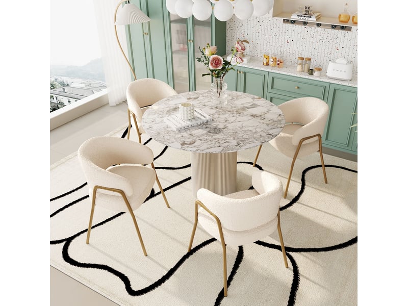  Lot de 4 chaise de salle à manger 61x48x78cm, coussins moelleux et dossier confortable, structure en fer, pieds dorés, revêtement polaire, coloris blanc  - Conforama D