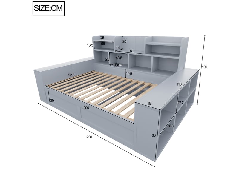  Canapé-lit multifonctionnel 90x200 cm avec rangement hydraulique, led et prises, mdf, couleur gris, sans matelas  - Conforama C