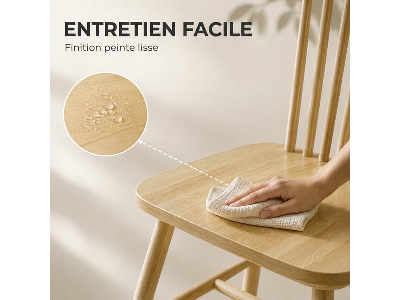  Lot de 2 chaises de salle à manger, chaises cuisine en bois d'hévéa, bords arrondis, dossier incurvé, bois naturel  - Conforama R