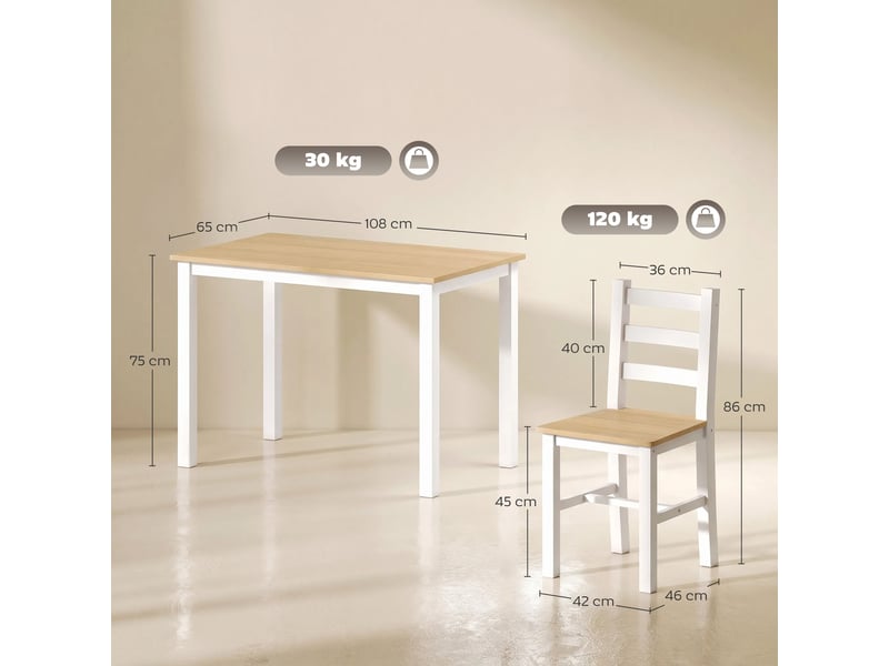  Ensemble de salle à manger 5 pièces pour 4 personnes, table et chaises de style champêtre en bois massif, naturelblanc  - Conforama E