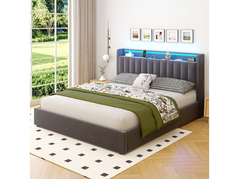  Lit coffre 2 places 180 x 200 cm cm avec led et usb, velours, gris foncé  - Conforama B