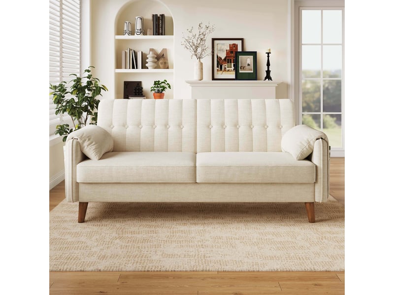 Canapé 2 places 161,5 cm en tissu chenille, assise épaisse, dossier capitonné, 2 poches latérales, pieds en bois massif, beige - Conforama B