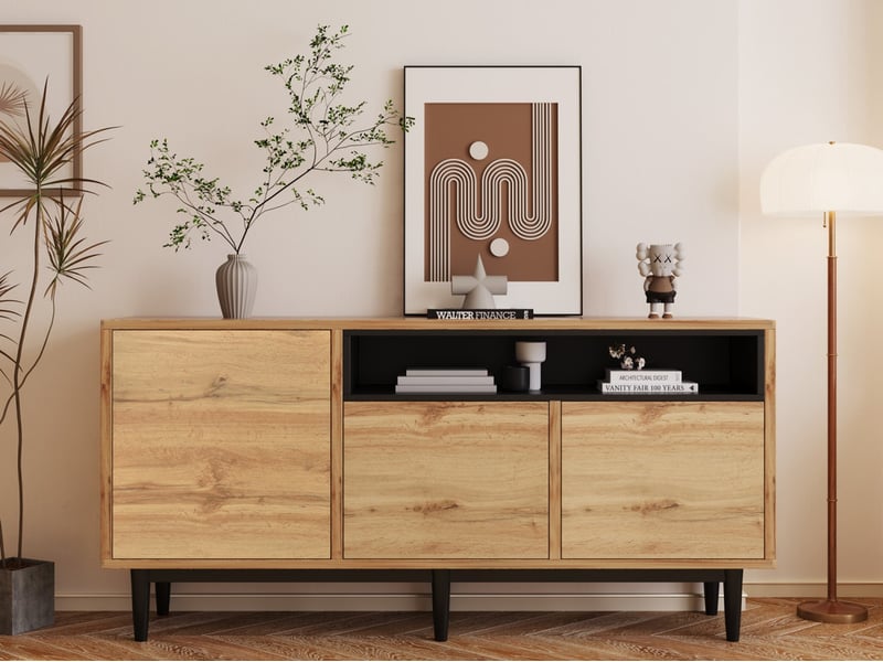 Buffet cuisine salon bas, meuble de rangement, avec 3 portes et étagères, 160 x 35 x 76 cm, naturelle - Conforama B