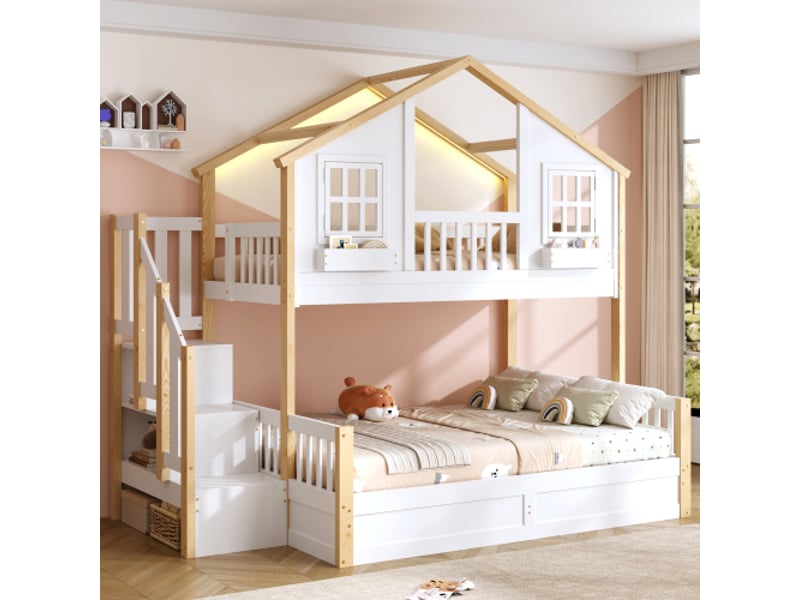  Lit superposé avec lit bas hydraulique en bois massif, 90x200+140x200 cm, avec escalier rangement et éclairage led, forme fenêtre, blanc et naturel ABC - Conforama E