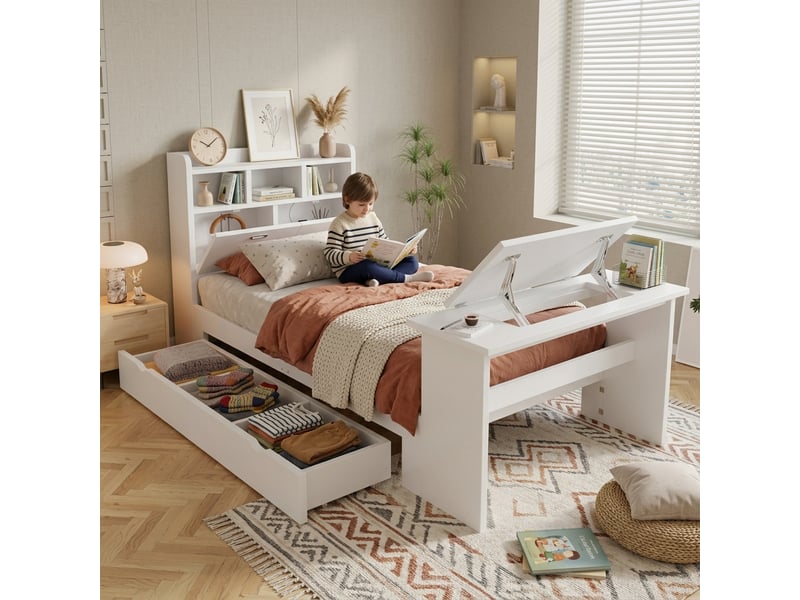  Lit enfant 90x200 blanc avec rangements, étagère tête de lit et tiroir flexible amovible  - Conforama B