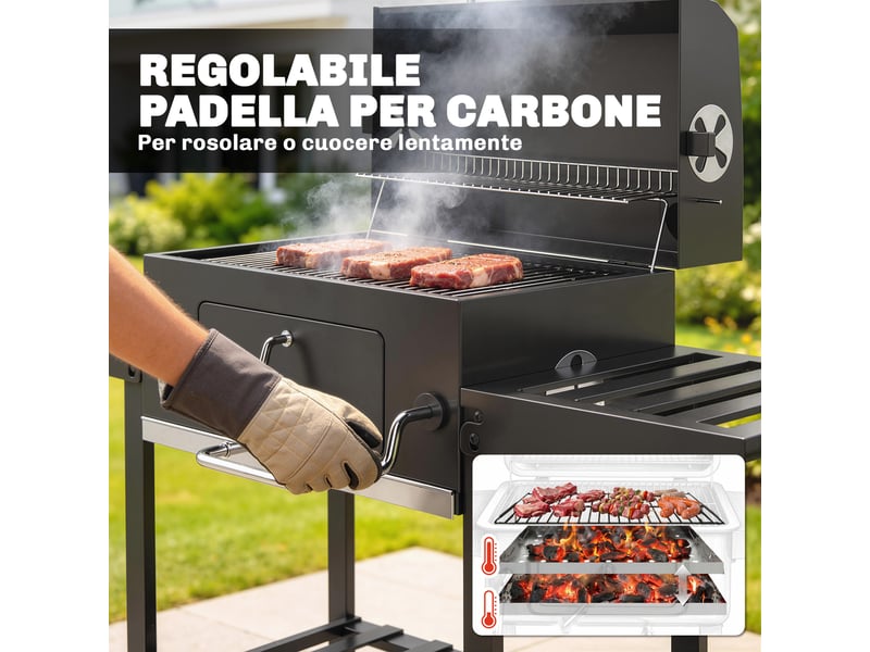  Barbecue à charbon sur roulettes avec grille réglable, thermomètre et tables pliantes  - Conforama W