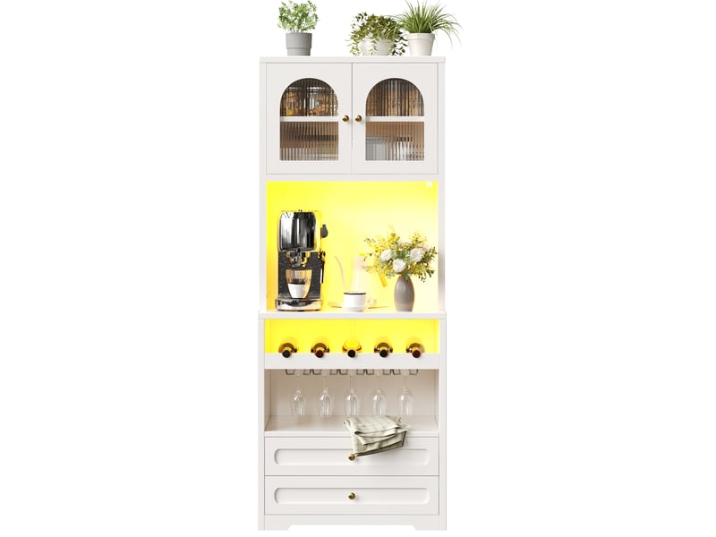  Buffet de cuisine haut avec étagères réglables, porte-bouteilles, led et port usb en mdf 140×40×180 cm blanc  - Conforama A