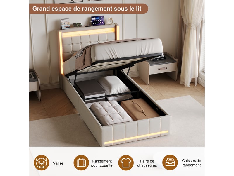 Lit coffre 90x200 avec led et usb, lit 1 place avec rangement hydraulique, lit simple rembourré avec sommier à lattes, sans matelas - Conforama W