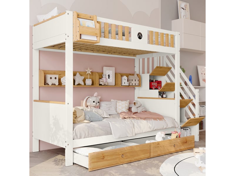  Lit superposé enfant 90 x 200 cm, escalier avec 4 casiers, 2 tiroirs, étagère ouverte et barrières de sécurité, pin, mdf, blanc et naturel evarich - Conforama E