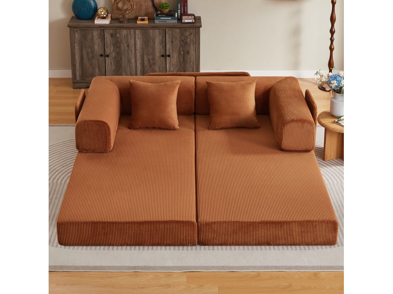  Canapé droit convertible 3 places en velours côtelé marron, 2 coussins, structure acier chromé, confort quotidien et nuit  - Conforama E