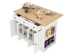 Îlot de cuisine blanc et bois avec plan de travail rabattable, desserte à roulettes avec portes en verre trempé, 151,5 cm