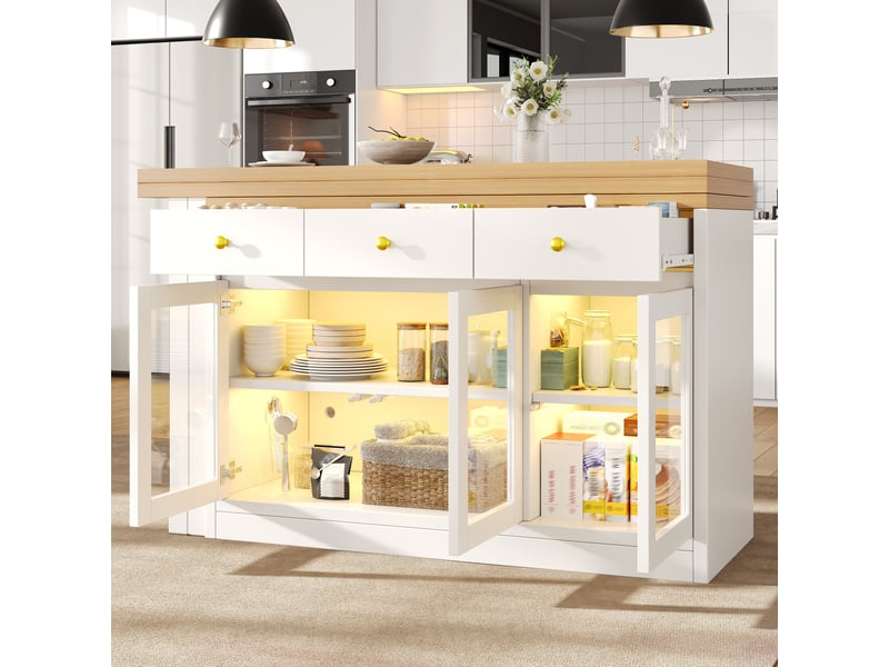 Îlot de cuisine extensible 120-200 cm avec led rgb, 3 tiroirs et 3 portes vitrées, table bar en mdf blanc - Conforama W