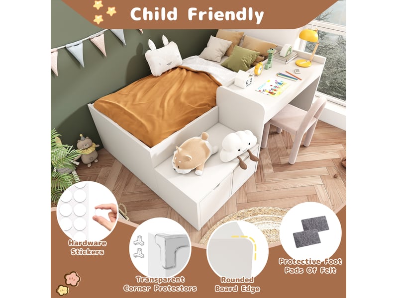  Lit simple enfant 90x200 cm – blanc – bureau intégré, 2 tiroirs et rangement sous le lit – sans matelas  - Conforama E