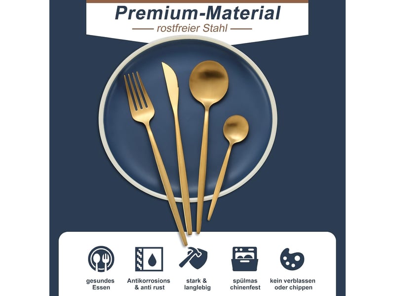  Set couverts de table 6 personnes dorés, ensemble de couverts inox 24 pièces, comprend des couteauxfourchettescuillères, fini mat et lavable au lave  - Conforama C