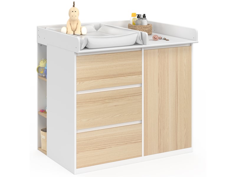  Commode à langer évolutive ambre façon hêtre et blanc 3 tiroirs, 1 panier à linge, table à langer et 2 étagères amovibles  - Conforama A