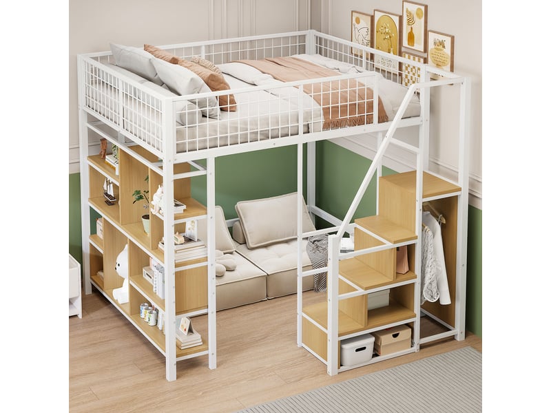 Lit mezzanine 200×140 cm avec escalier de rangement, placard et espace ouvert, en métal et bois, blanc - Conforama B