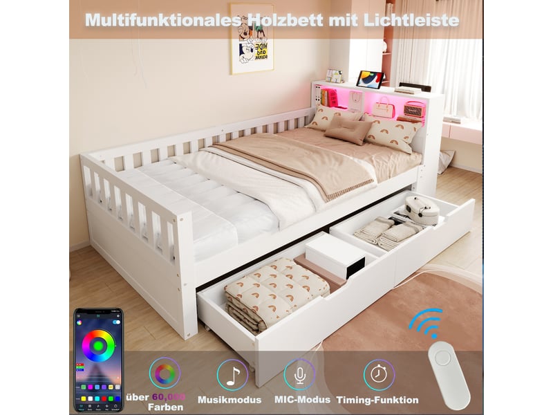  Lit coffre banquette 90x200cm avec led usb et barrières sécurité - bois - blanc CozyNest - Conforama D