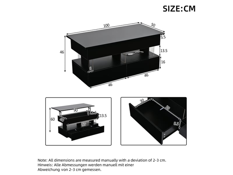  Table basse relevable avec 2 tiroirs, rangement caché, niche ouverte et led pour salon, 100 × 50 × 46 cm  - Conforama D