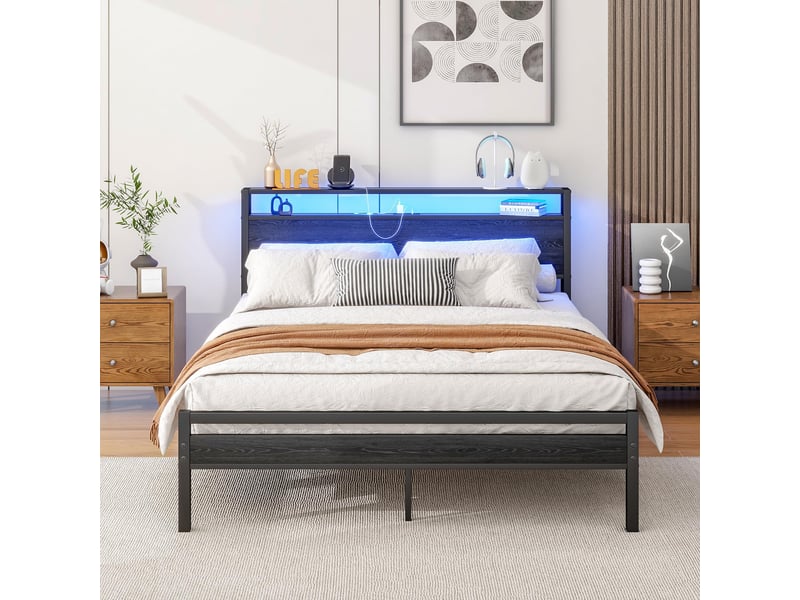  Lit coffre, lit double 140x200 cm, tête de lit avec rangement, led, usb, métal et bois noir  - Conforama A