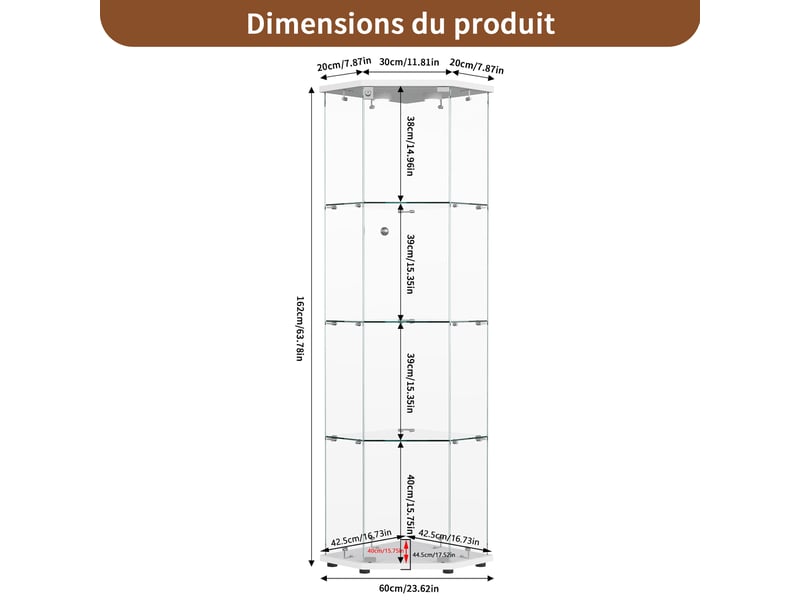 Vitrine d'angle pentagonale, porte simple, 4 étagères verre trempé, lampe tactile, serrure, blanc  - Conforama C