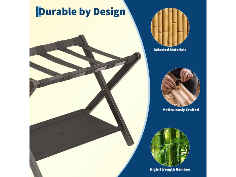 Porte-bagages pliant de luxe en bambou avec étagère, sangles nylon résistantes, charge 50 kg – chambre d'amis, salon, hôtel-marron PHK_37RDJ7E8 - Conforama C