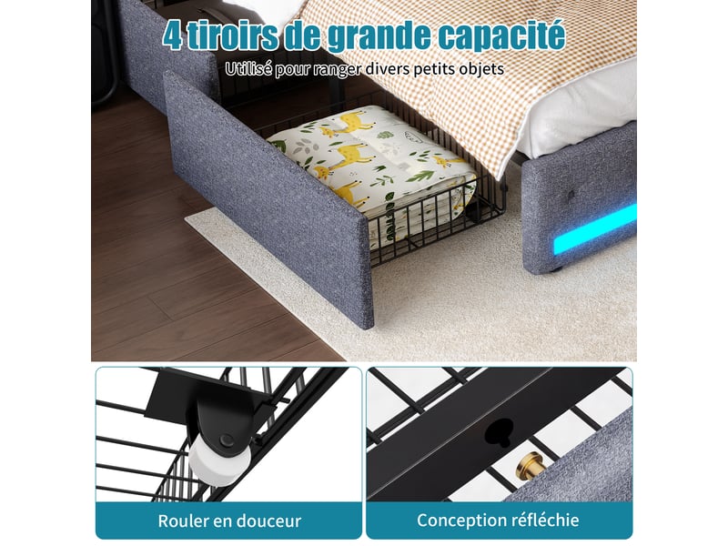  Lit double 140x200 cm en lin gris foncé avec 4 tiroirs, led via app et télécommande, usb intégré.  - Conforama D