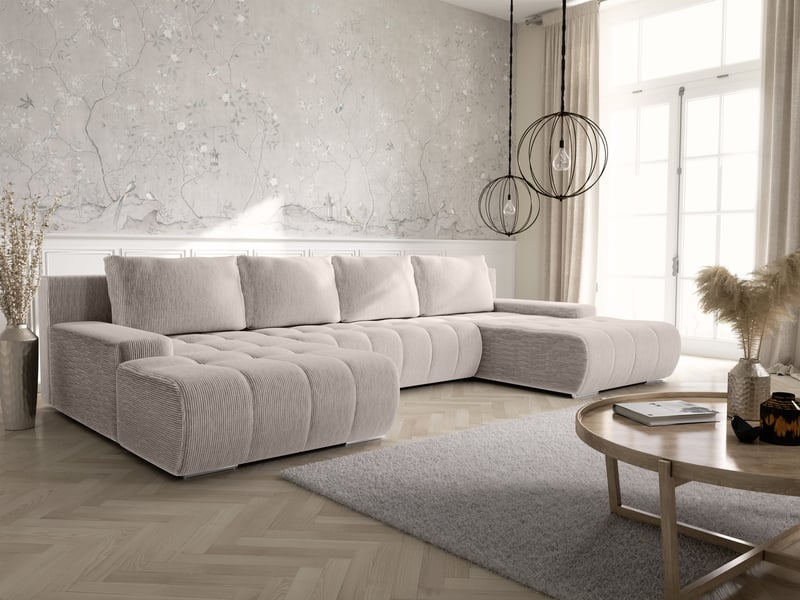 Canapé d'angle convertible velutti u velours côtelé poso gris clair, forme u avec coffre - Conforama B