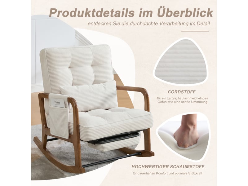  Fauteuil à bascule de salon 70x80x92cm – rocking chair avec repose-pieds rétractable, dossier inclinable et oreiller lombaire – velours côtelé - beige  - Conforama E