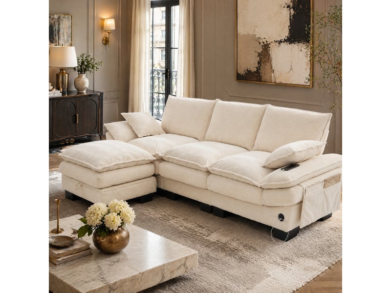  Canapé 3 places modulable en velours côtelé beige avec pouf de rangement  - Conforama B