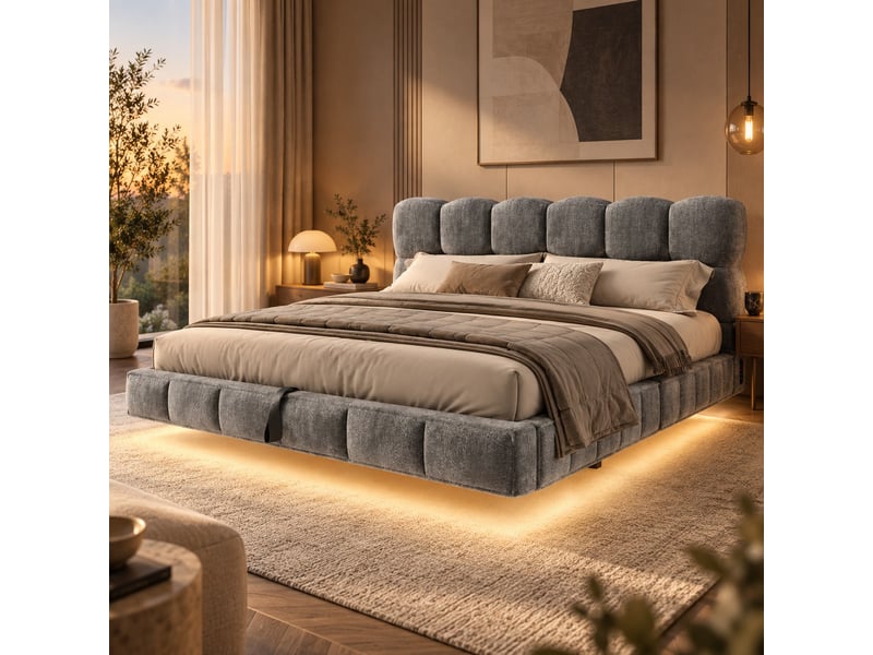 Lit double rembourré 140x190 cm effet suspendu, design nuage, rangement hydraulique, led, usbtype-c, chenille gris, sans matelas Fay Lum - Conforama D
