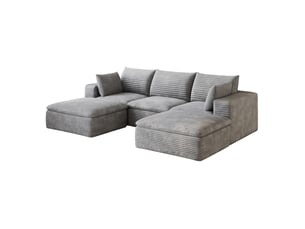 Canapé modulable 5 places 260 cm en tissu velours côtelé gris, design double couche, coussins déhoussables, sans montage