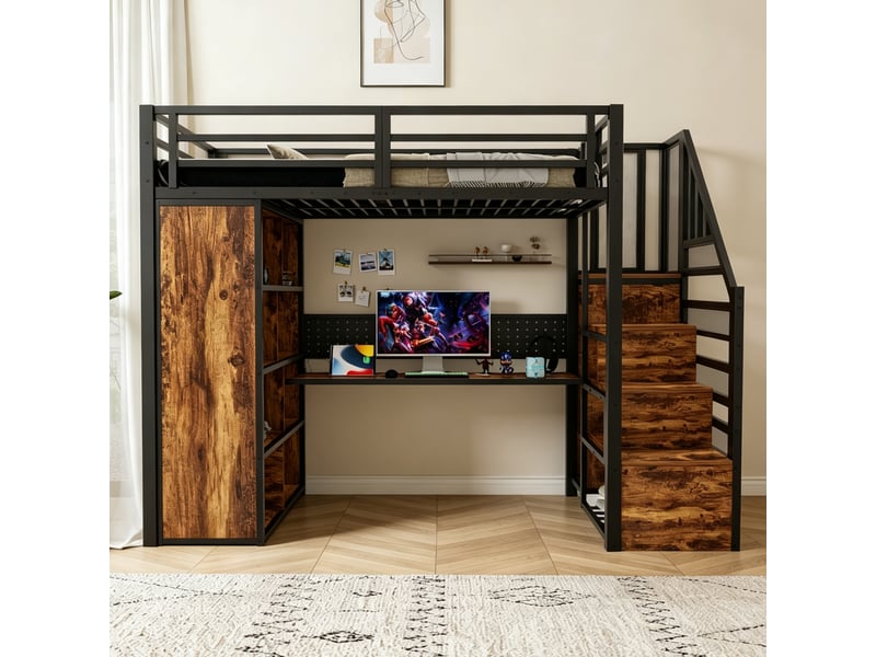  Lit enfant 90x200 cm avec éclairage led, lit mezzanine en métal avec armoire et bureau, lit simple, lit 1 personne, noir  - Conforama C