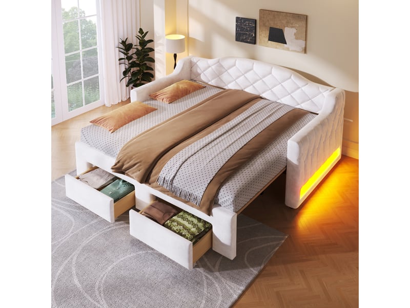  Lit banquette extensible 90x200 à 180x200 cm, lit rembourré avec 2 tiroirs de rangement et éclairage led - blanc  - Conforama E