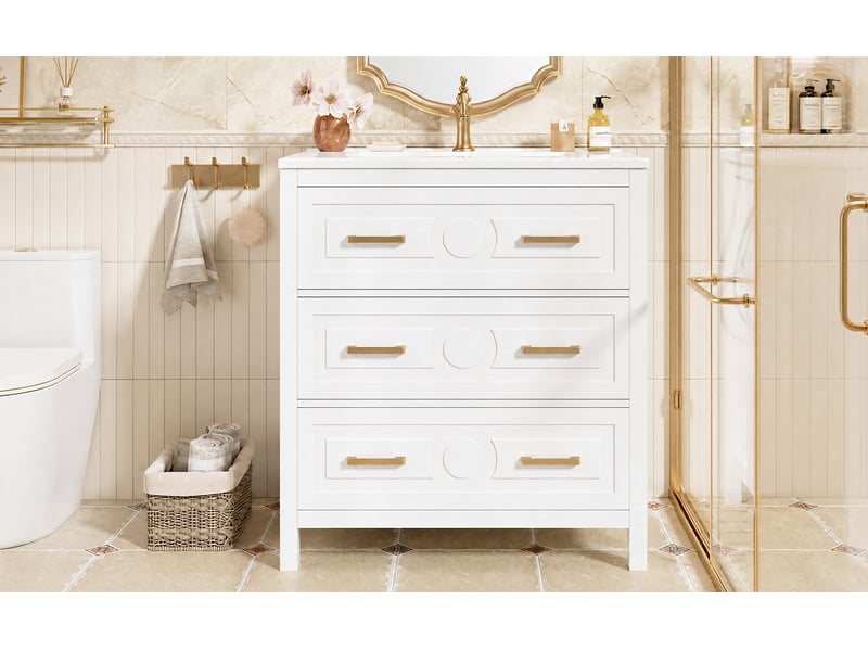  Meuble vasque autoportant 76 5 x 47 x 82 cm blanc céramique et mdf 3 tiroirs silencieux avec kit de montage evarich - Conforama E