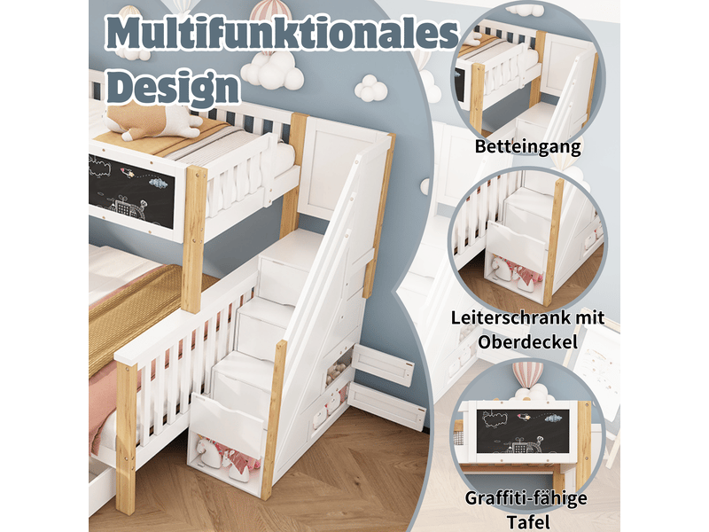  Lit superposé enfant 90x200 + 140x200 - tableau noir - tiroirs - bois massif - blanc et chêne Bubbly Shop - Conforama D