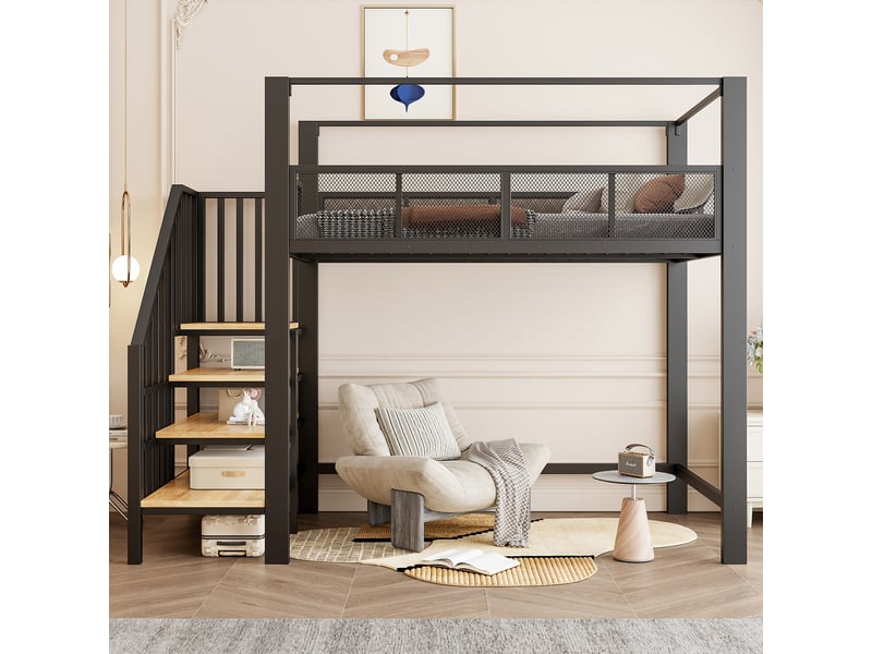 Lit mezzanine 1 place 90 x 200 cm en métal noir avec baldaquin, escalier sécurisé à rangements, garde-corps en maille et espace libre sous le lit - Conforama B