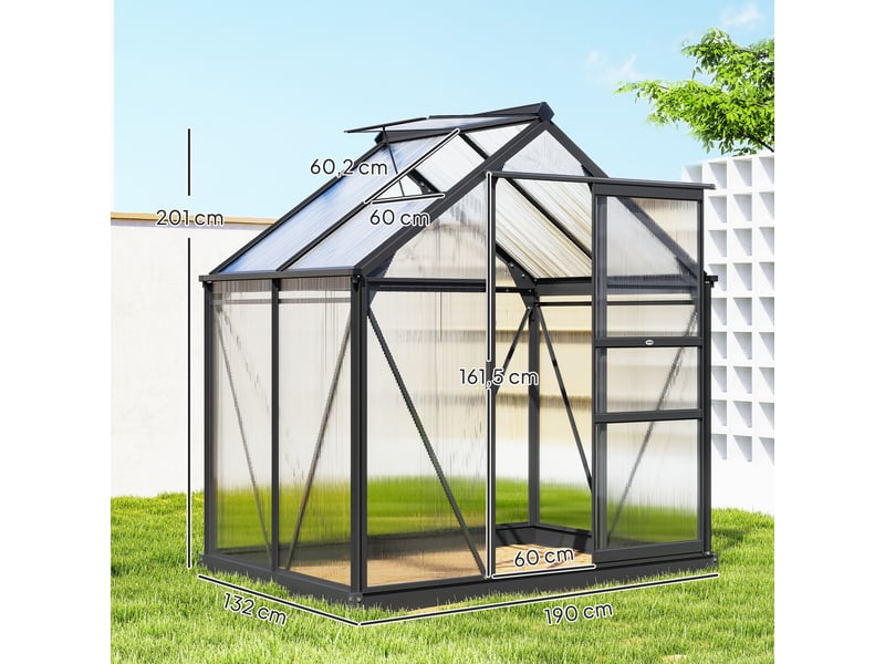 Serre de jardin polycarbonate 190 x 132 x 201 cm résistant aux uv 30+ fondation renforcé gouttière gris  - Conforama E