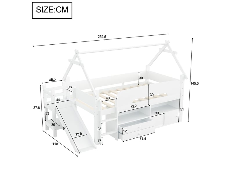 Lit enfant moderne 90 x 200 lit simple avec toit toboggan intégré rangements espace jeu sécurité bois blanc sans matelas  - Conforama C